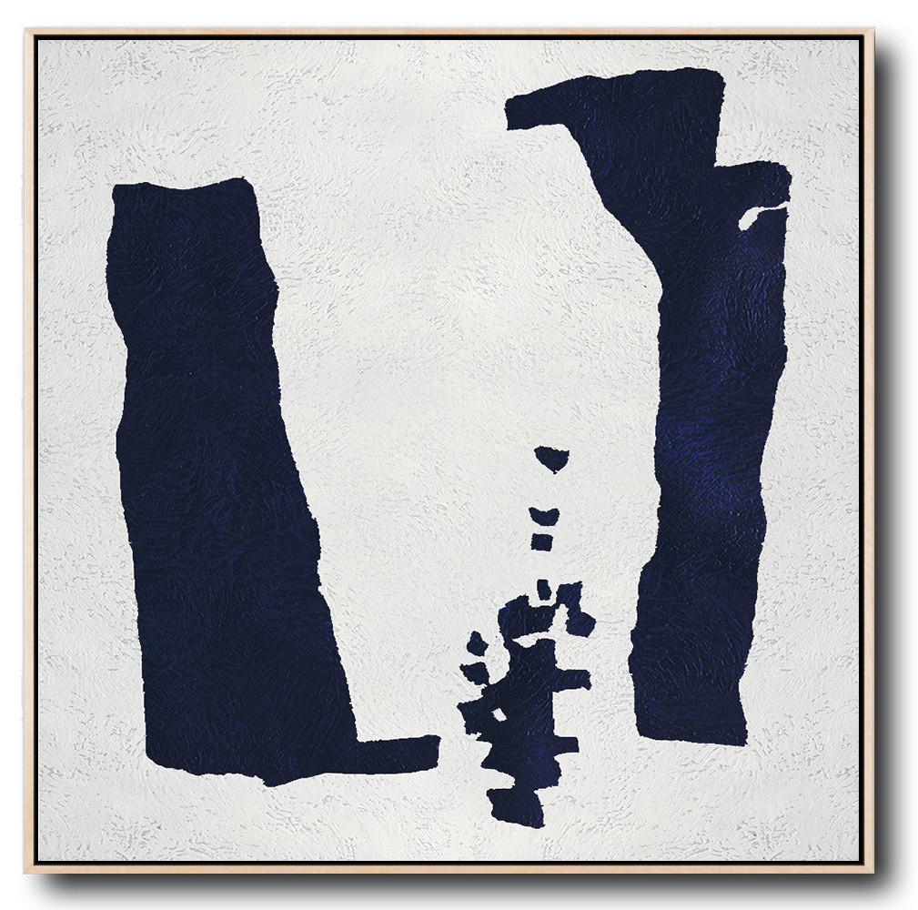 Buy Large Canvas Art Online - Hand Painted Navy Minimalist Painting On Canvas - White Canvas Art Large